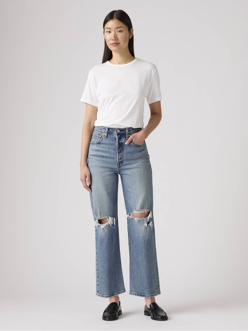 Levi’s Premium Ribcage Straight Ankle Denim Jeans Size 26 Medium Wash Distressed